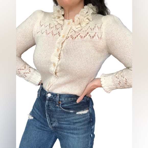 Vtg Puff Sleeve Pockets Ruffle Cut Work Knit Granny Grandma Cardigan Sweater S/M - Picture 11 of 17
